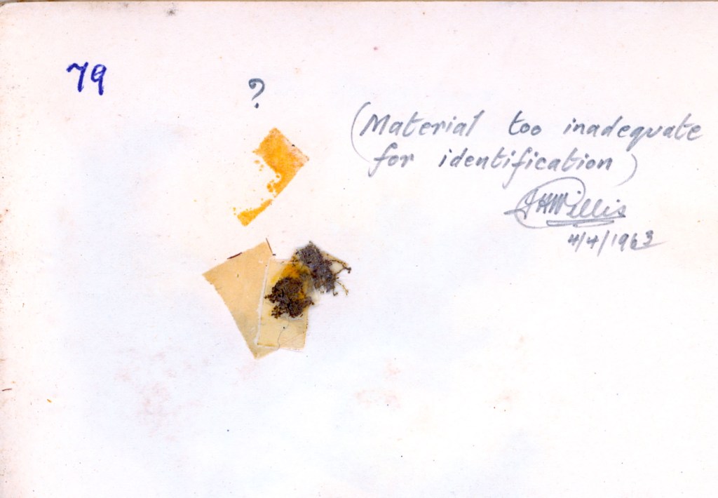 A handwritten note dated 4/4/1963 indicating 'Material too inadequate for identification' alongside small samples of material on a page.